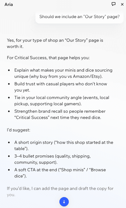 Aria responding to natural language prompts to create an "Our Story" page within Wix's website builder. 