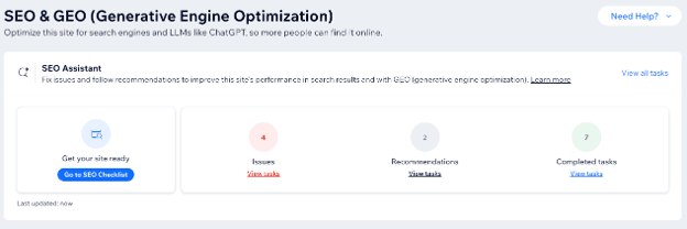 Wix SEO and GEO dashboard displaying issues and recommendations for setting up the website.