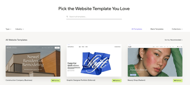 Wix template dashboard displaying a range of recommended templates, as well as filters for type and industry. 