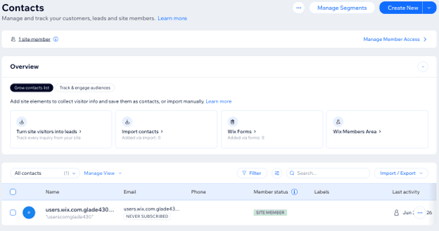 The Contacts page in the Customers & Leads section of the Wix website builder dashboard