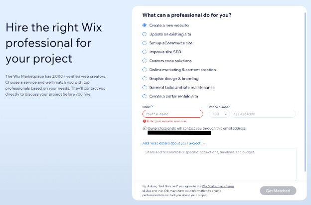 A Wix webform for hiring a professional to assist in a Wix project. The Wix Marketplace has more than 2,000 verified web creators. 