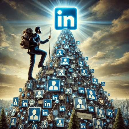 man climbing a mountain made of LinkedIn profile icons