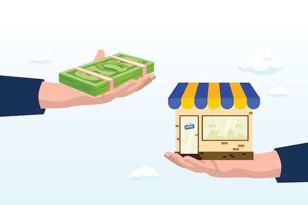 Graphic of a hand holding a stack of cash and another hand holding a small store