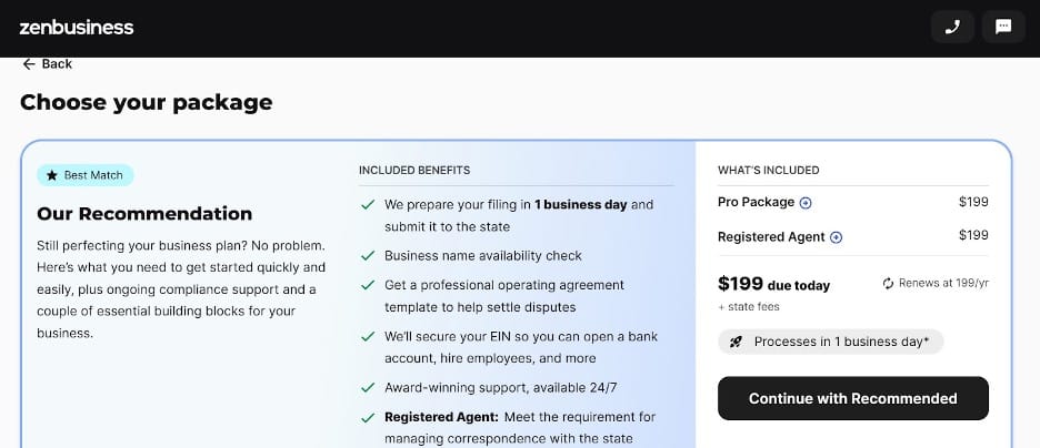 ZenBusiness plans