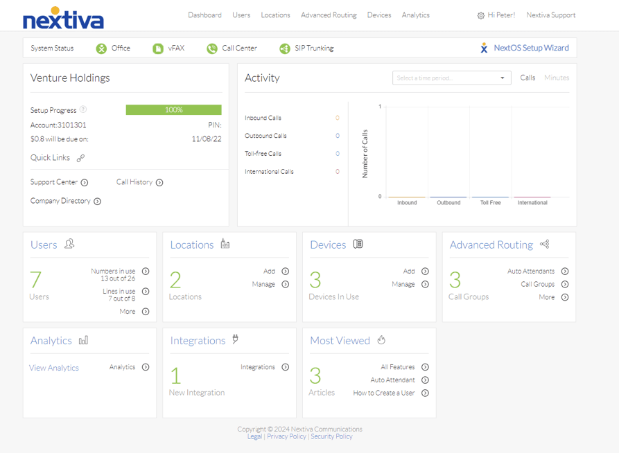 Nextiva admin dashboard showing locations, users, devices and advanced call routing