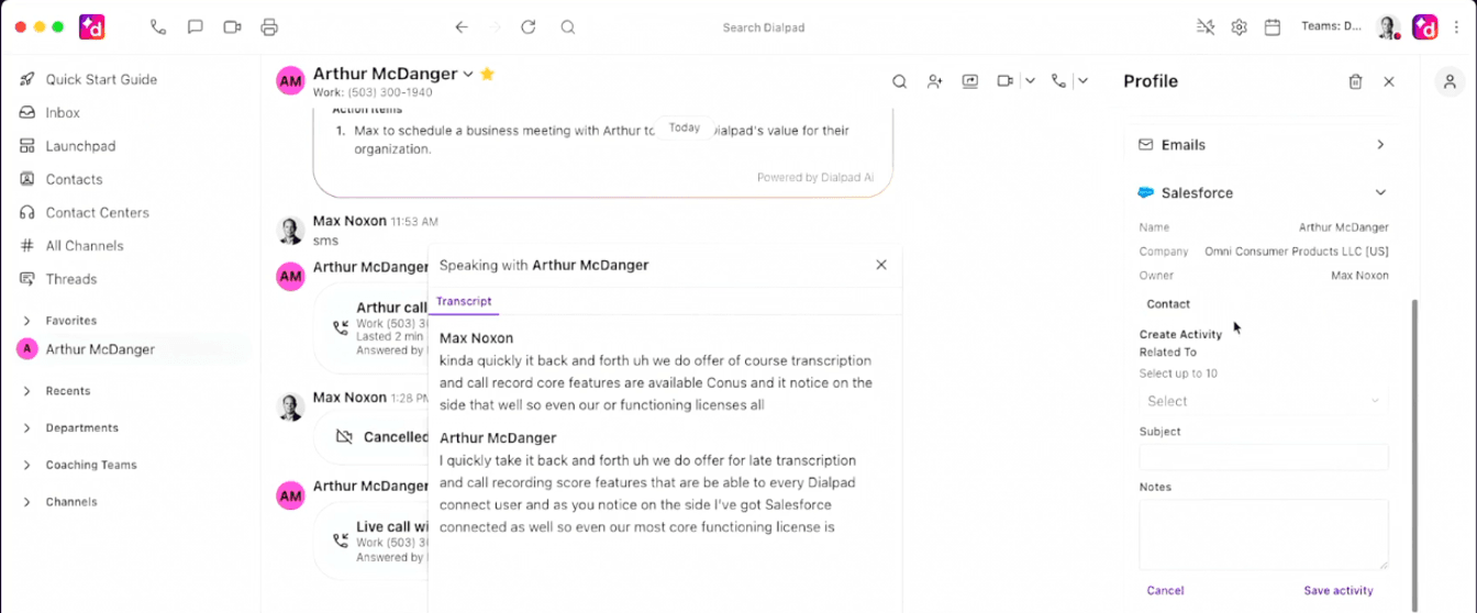 Dialpad live call with AI transcription and Salesforce integration
