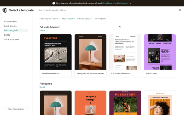 Mailchimp template library displaying predesigned email templates for newsletters, product announcements, educational content and other campaigns.