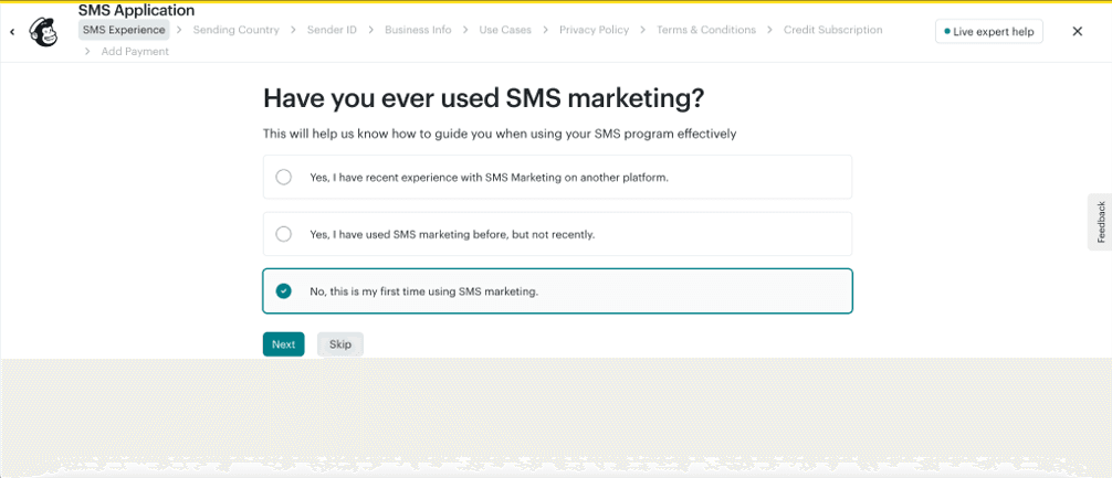Mailchimp SMS application asking whether the user has previous experience with SMS marketing.