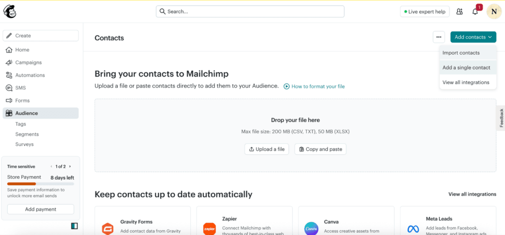 Mailchimp Contacts page showing options to upload a contact file, copy and paste contacts, add a single contact or connect an integration.