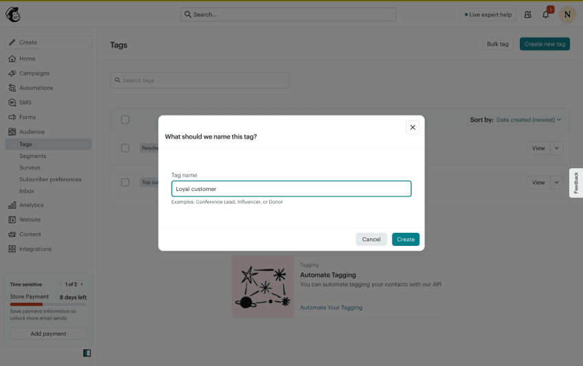 Mailchimp Tags screen with a new tag named "Loyal customer" being created.