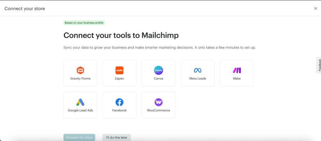 Mailchimp setup screen showing suggested integrations including Gravity Forms, Zapier, Canva, Meta Leads, Make, Google Lead Ads, Facebook and WooCommerce.