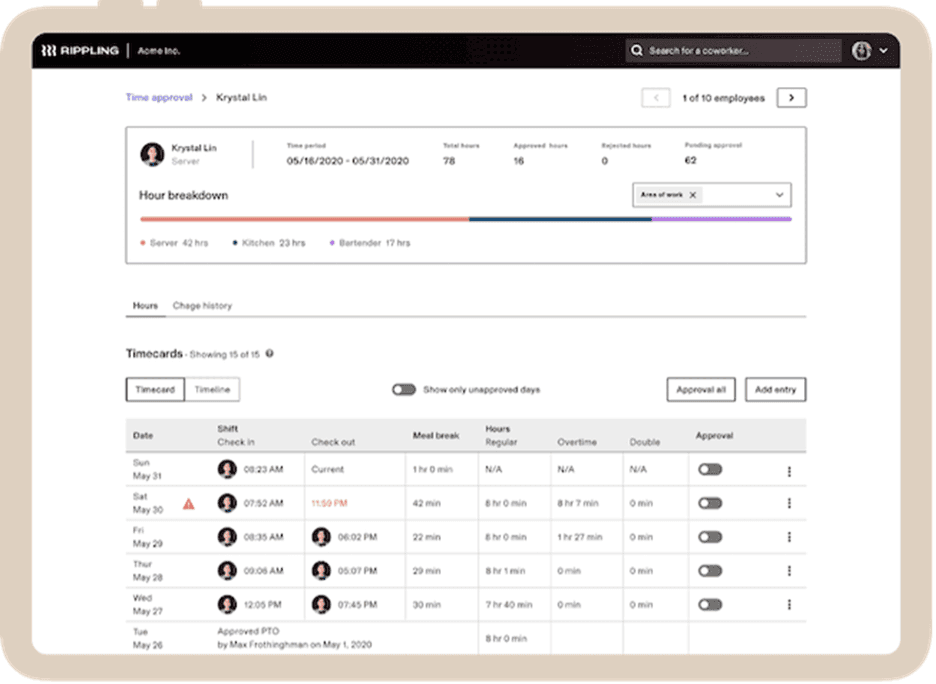Rippling time-tracking features