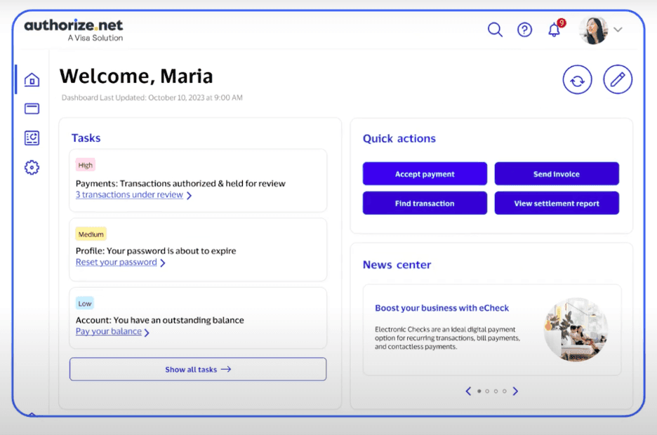 Authorize.net dashboard