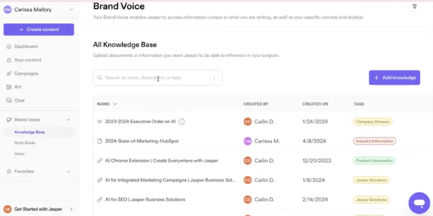 Jasper Brand Voice knowledge base interface