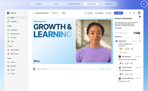 Synthesia AI avatar presenting a slide-based training video