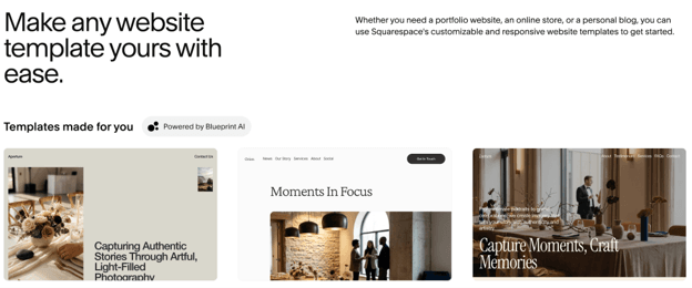 The Squarespace template dashboard, with a mixture of templates made by professional designers and Squarespace’s native Blueprint AI tool.