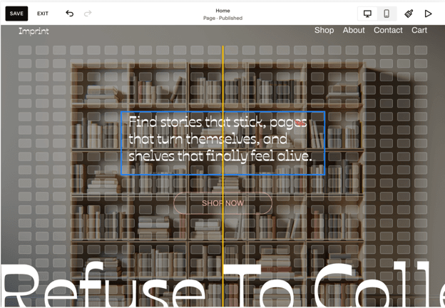  A view of moving a textbox element within Squarespace’s website builder with a grid of squares showing how the element lines up on the page. 