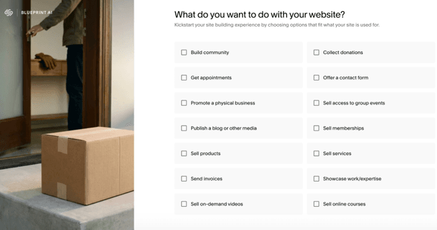 A selection of checkboxes during the website building portion of using Squarespace’s AI-powered webbuilder, Blueprint AI. 