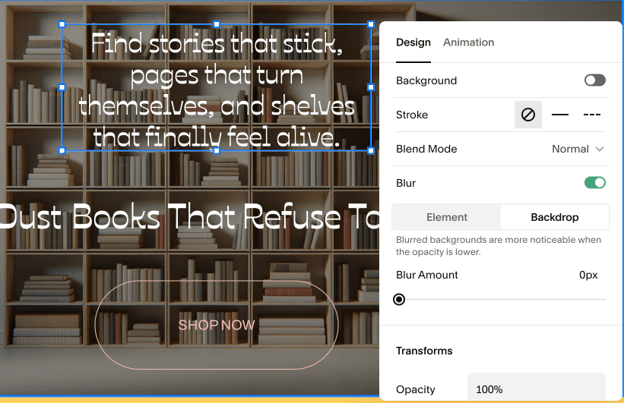 A design editing menu for a specific element within Squarespace, allowing for changing the background or backdrop of the element or adding animation effects.