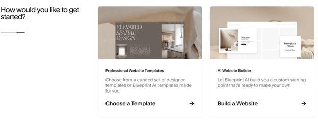  image of Squarespace’s startup guide that offers two ways to start building a website: template or an AI website builder