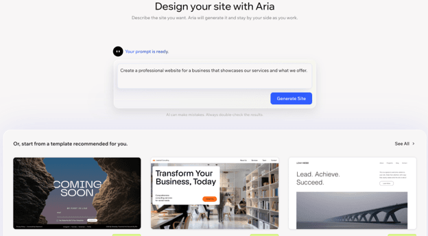 images of Wix templates and its AI assistant Aria