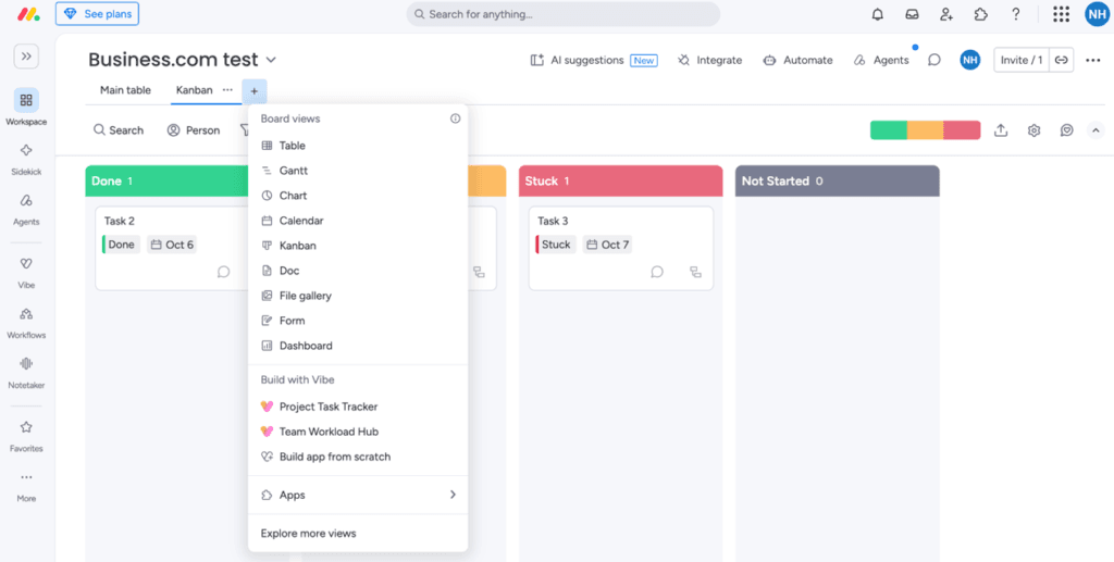 monday CRM test workspace showing a Kanban board and a menu of available views, including Table, Gantt, Chart and Calendar.