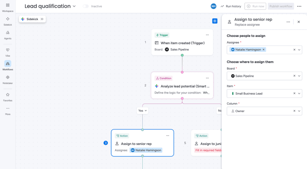 monday CRM visual workflow builder showing a lead qualification trigger, AI-powered condition and actions for assigning leads to sales reps.