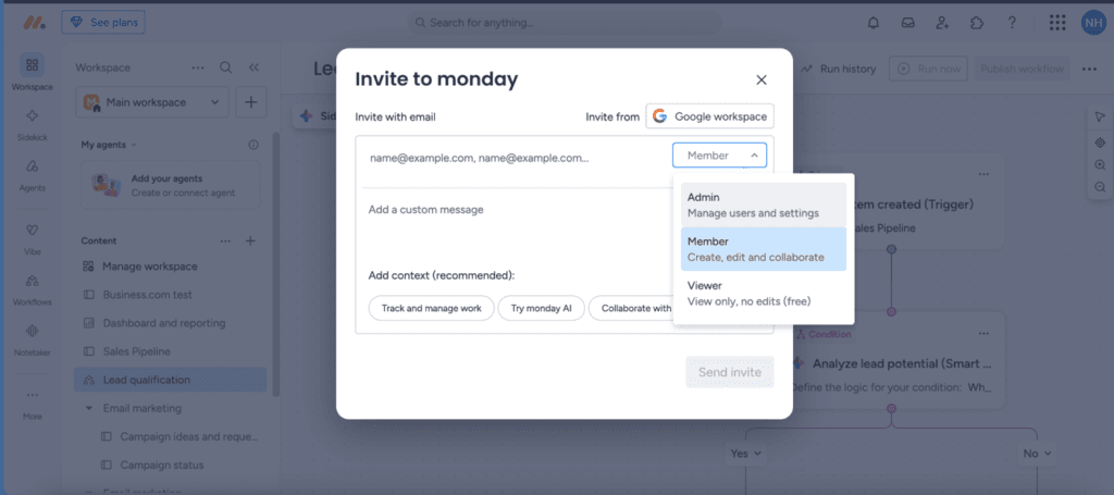 monday CRM invitation window showing Admin, Member and Viewer access levels for collaborators.