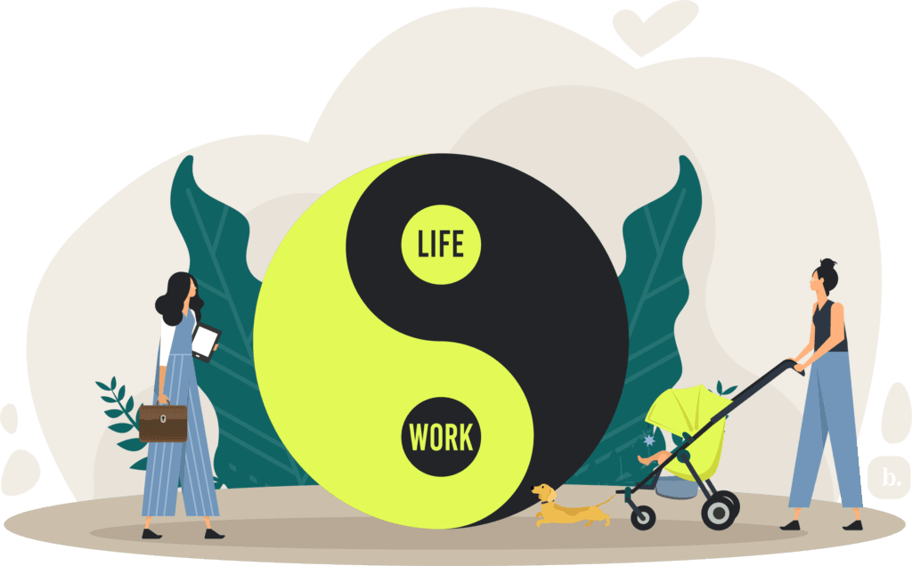 graphic of a yin-yang that says life and work