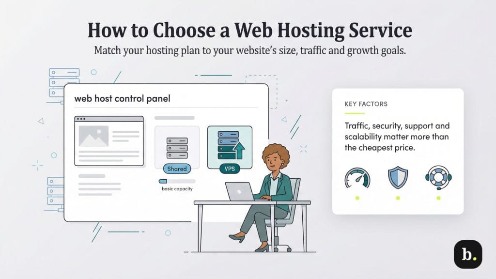 graphic about how to choose a web hosting service with woman seated at a desk