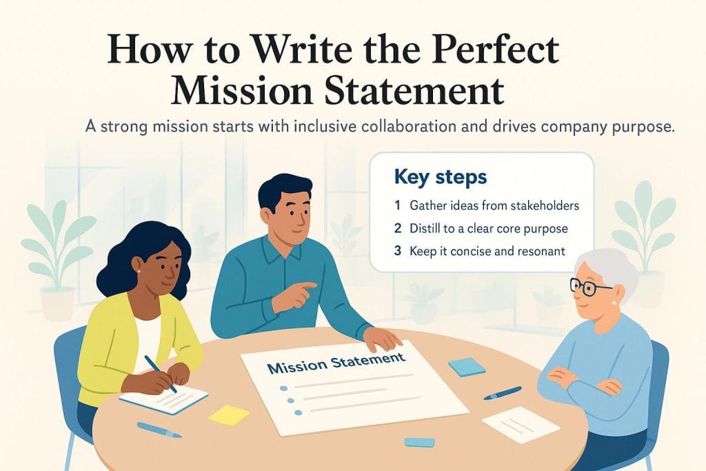 Graphic of people sitting around a table discussing a mission statement