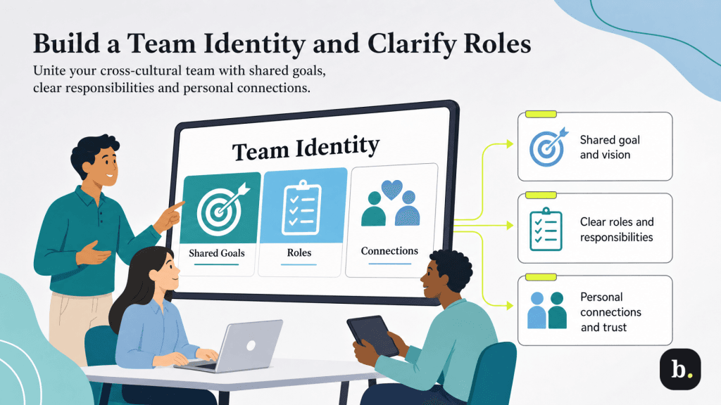 graphic of colleagues talking in front of a screen