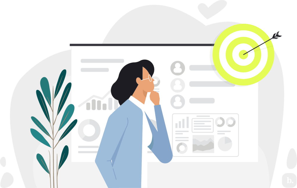 graphic of a businesswoman looking at a target with an arrow in the center