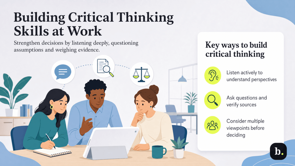 Illustration showing employees building critical-thinking skills at work by listening to different perspectives, asking better questions and challenging assumptions during a team discussion.