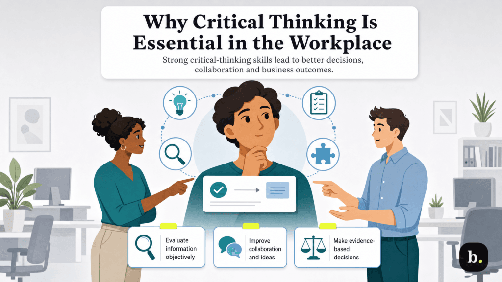 Illustration showing employees using critical-thinking skills in the workplace to improve collaboration, decision-making and team problem-solving.