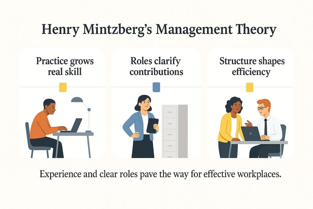 graphic of people displaying Henry Mintzberg's management theory