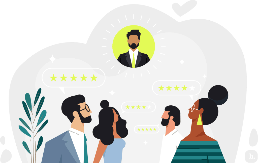 graphic of a group of people looking up at a leader