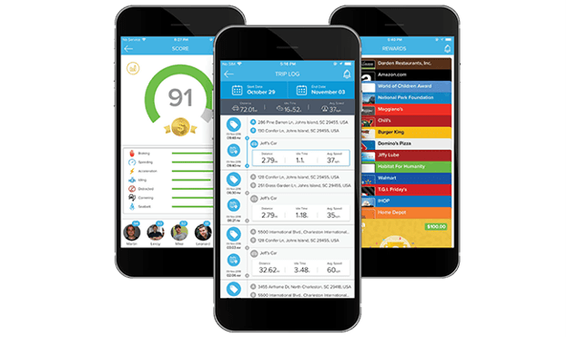 Azuga FleetMobile app showing a driver safety score, trip details and driver rewards.