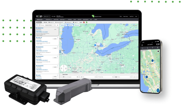 Azuga GPS asset trackers shown alongside the fleet tracking dashboard and mobile app.