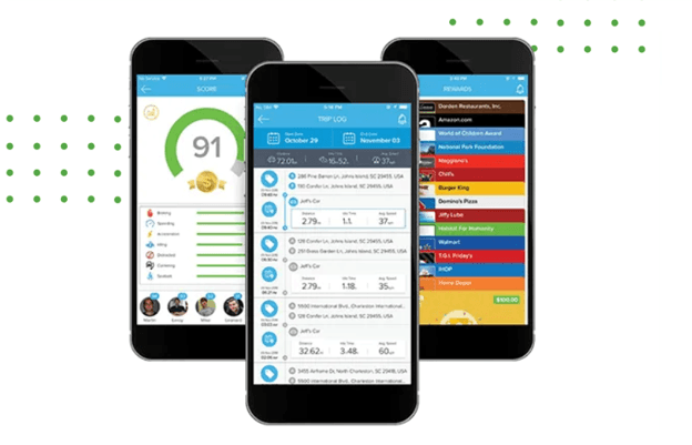 Azuga FleetMobile app screens showing fleet tracking and driver tools on smartphones.