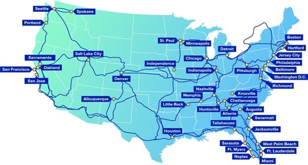 Map of Comcast Business's nationwide fiber-powered network showing major connectivity routes and metro markets across the United States.