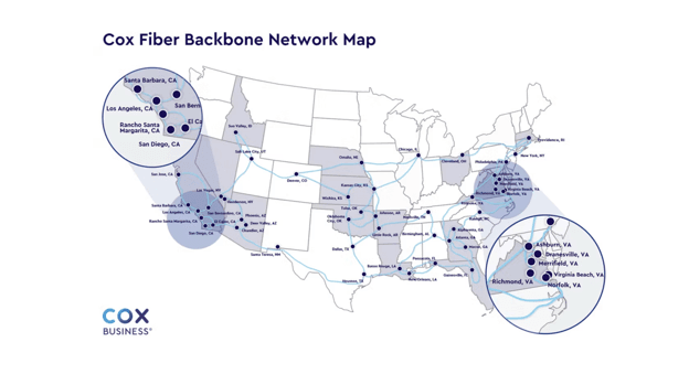 Cox Business fiber backbone network map showing fiber infrastructure and major network hubs across the United States.