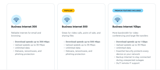 Cox Business Internet plan comparison showing the 300 Mbps, 500 Mbps and 1 Gbps plans with speeds, included features and recommended business uses.