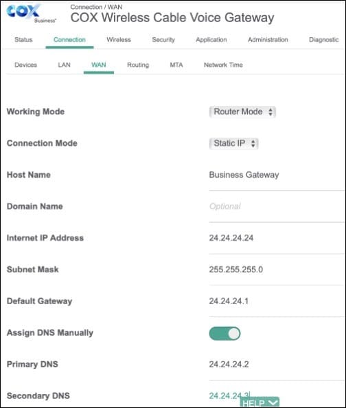 Cox Business Gateway interface showing a static IP configuration.