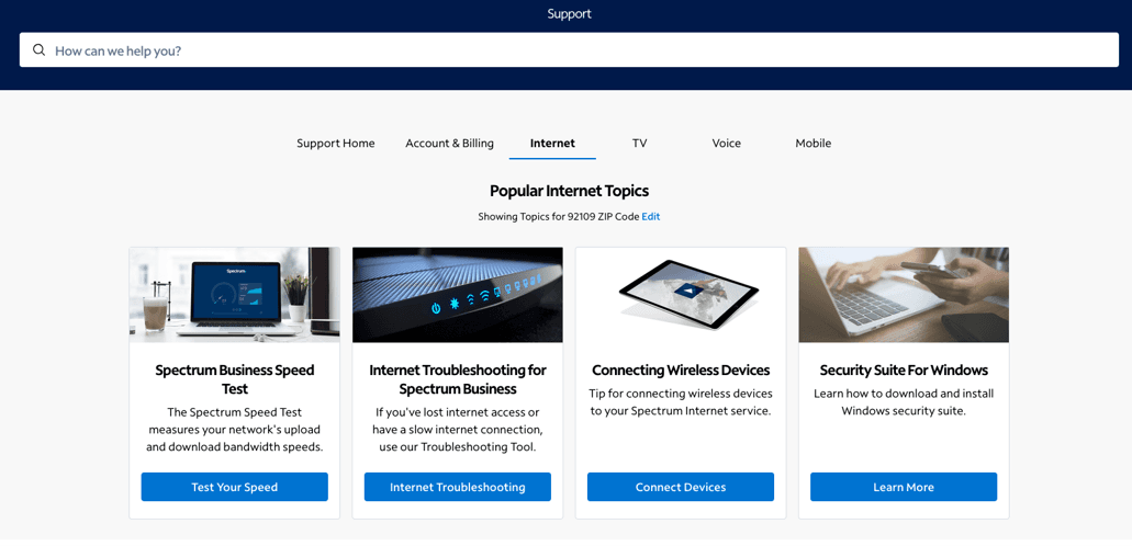 Spectrum Business Support page with internet speed test, troubleshooting and security resources