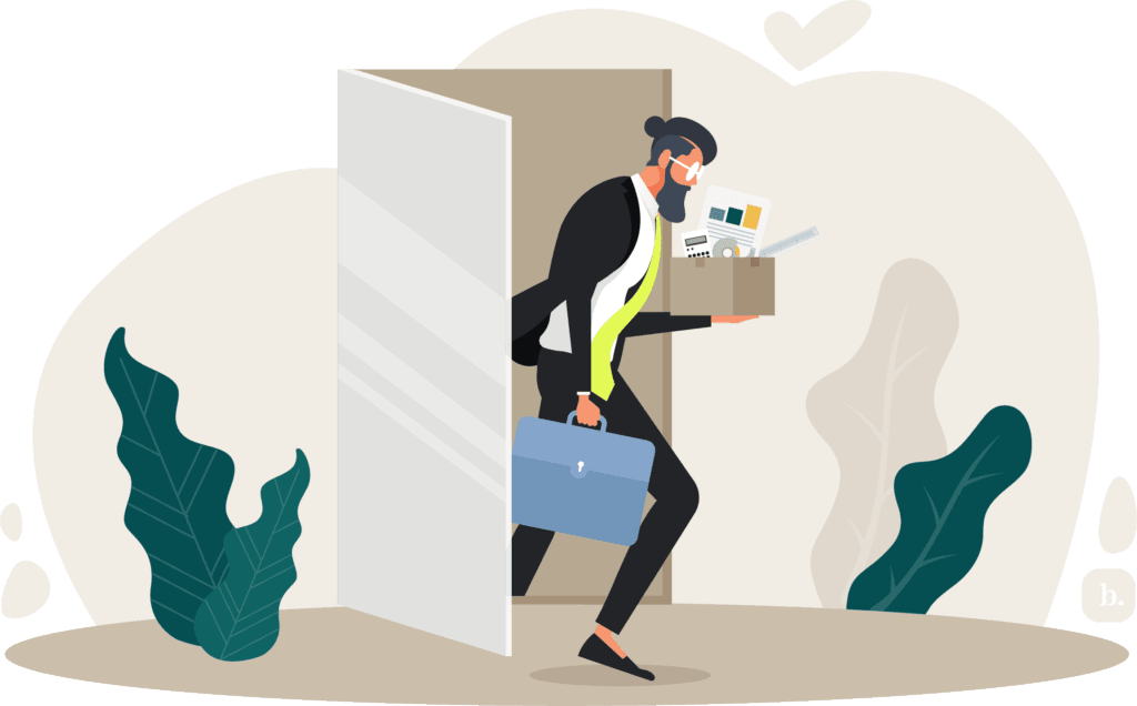 graphic of a businessman quitting, holding his belongings and walking out the office door