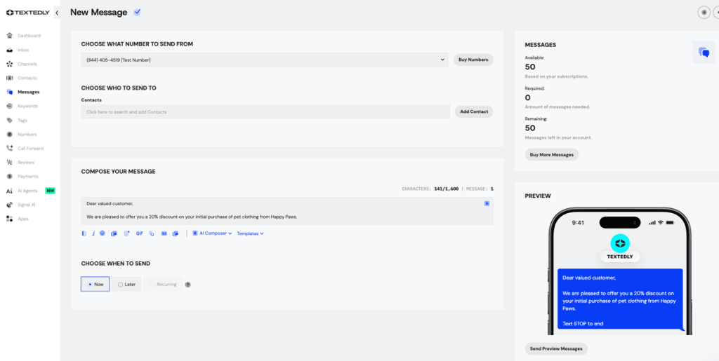 Textedly message composer with AI tools, templates and mobile message preview
