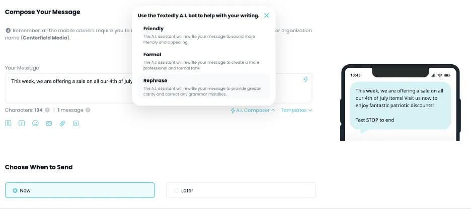 Textedly AI Assistant with friendly, formal and rephrase options for marketing messages