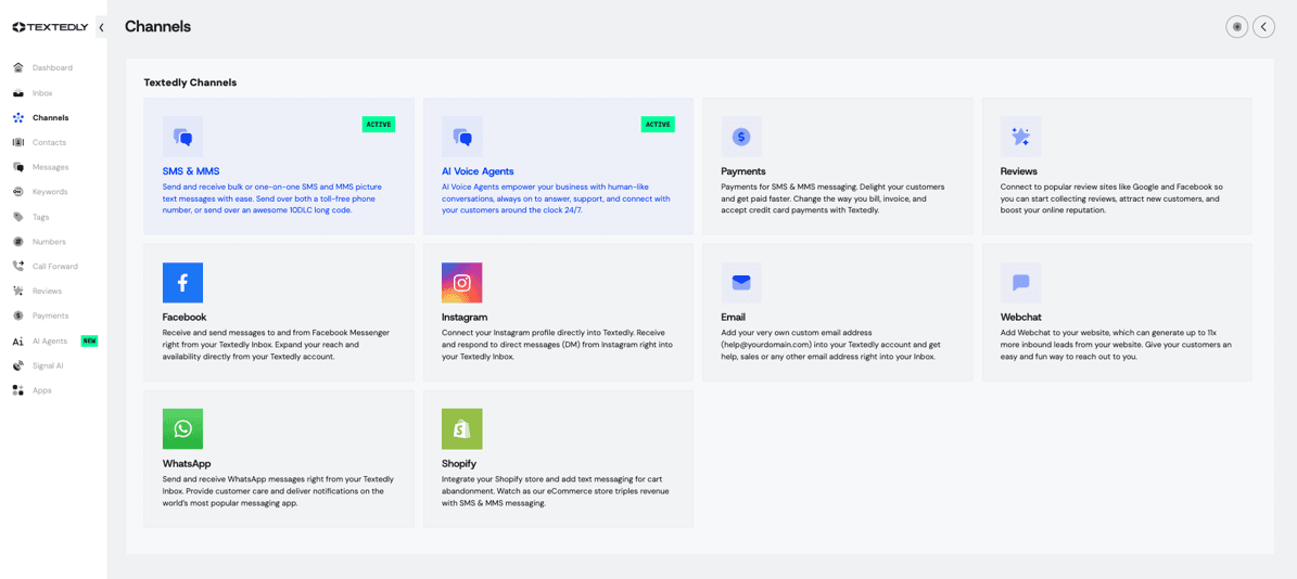 Textedly Channels dashboard showing SMS, AI voice, social media, email, webchat and WhatsApp communication options