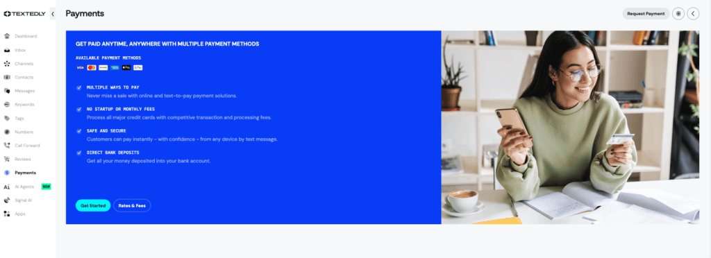 Textedly Payments dashboard showing available payment methods and payment request options